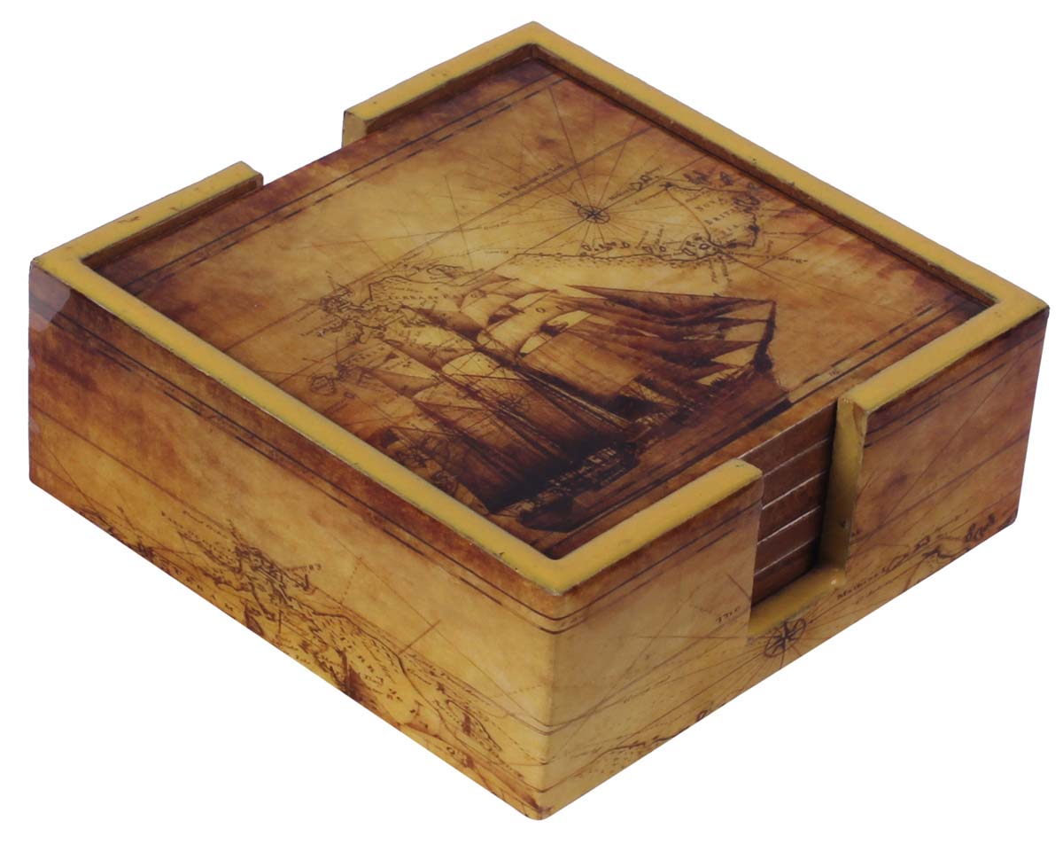 4.5” Hand-Crafted Sailing Ship Coasters with Holder - Set of 6 - Dining Table Essentials / Kitchen Accessories - Buy in Bulk Wholesale